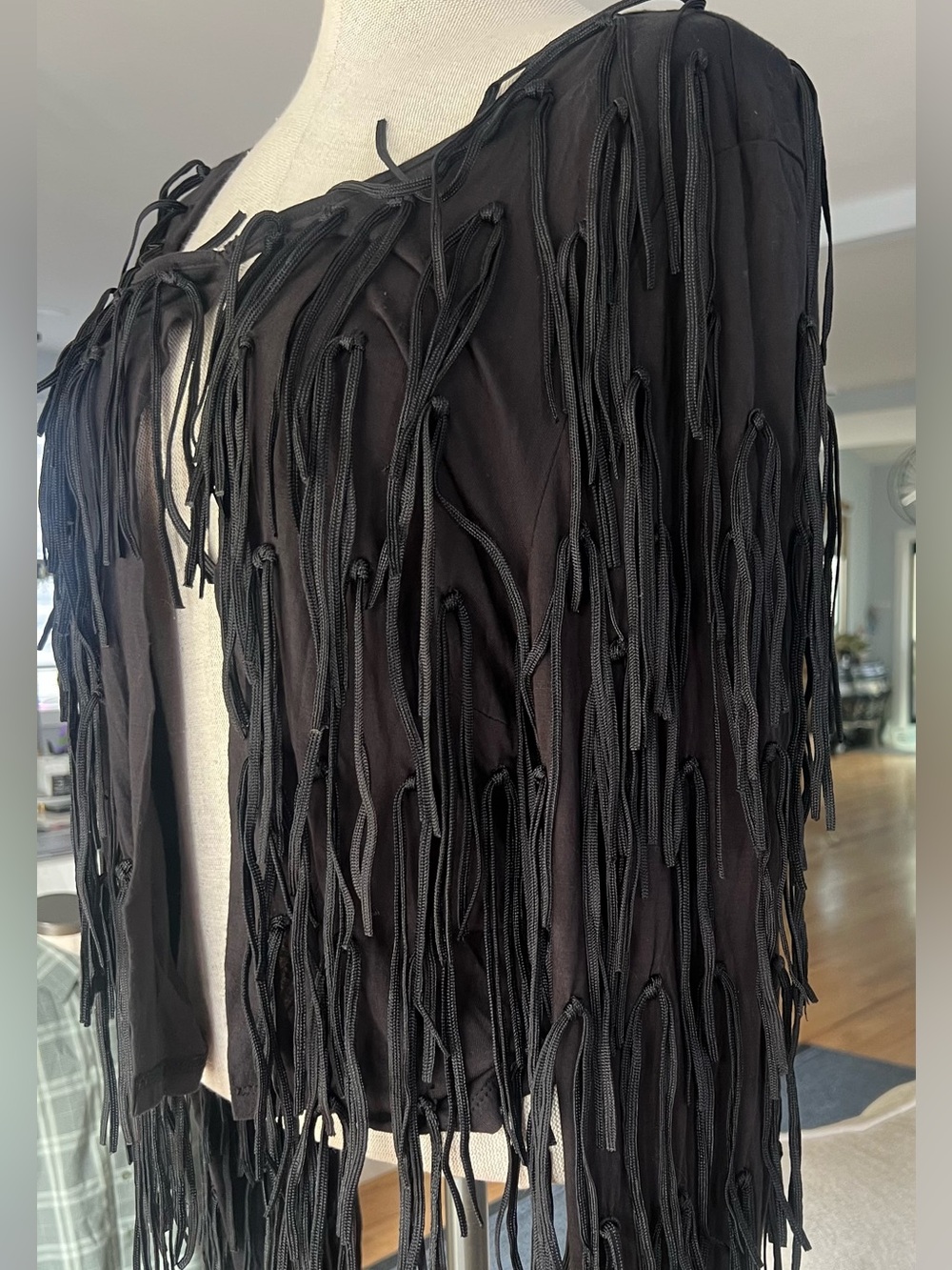 INC International Concepts Black Fringe Open-Front Shrug